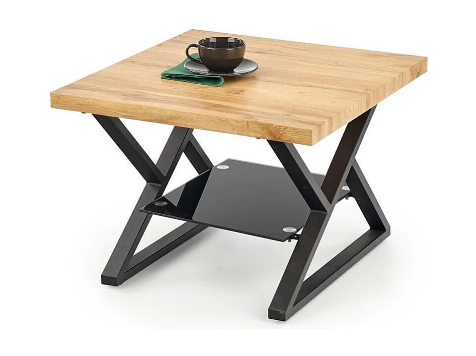 Table basse carrée avec pieds acier noir plateau aspect chêne et étagère en verre Hulla