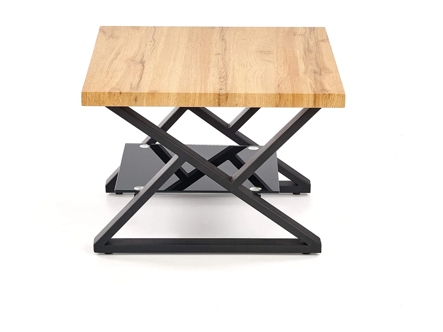 Table basse carrée avec pieds acier noir plateau aspect chêne et étagère en verre Hulla