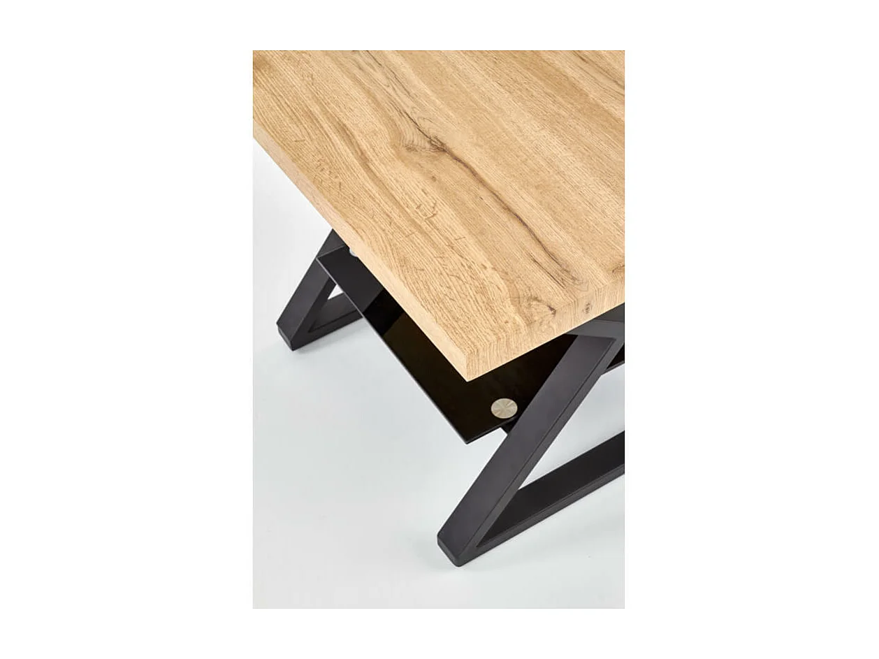 Table basse carrée avec pieds acier noir plateau aspect chêne et étagère en verre Hulla