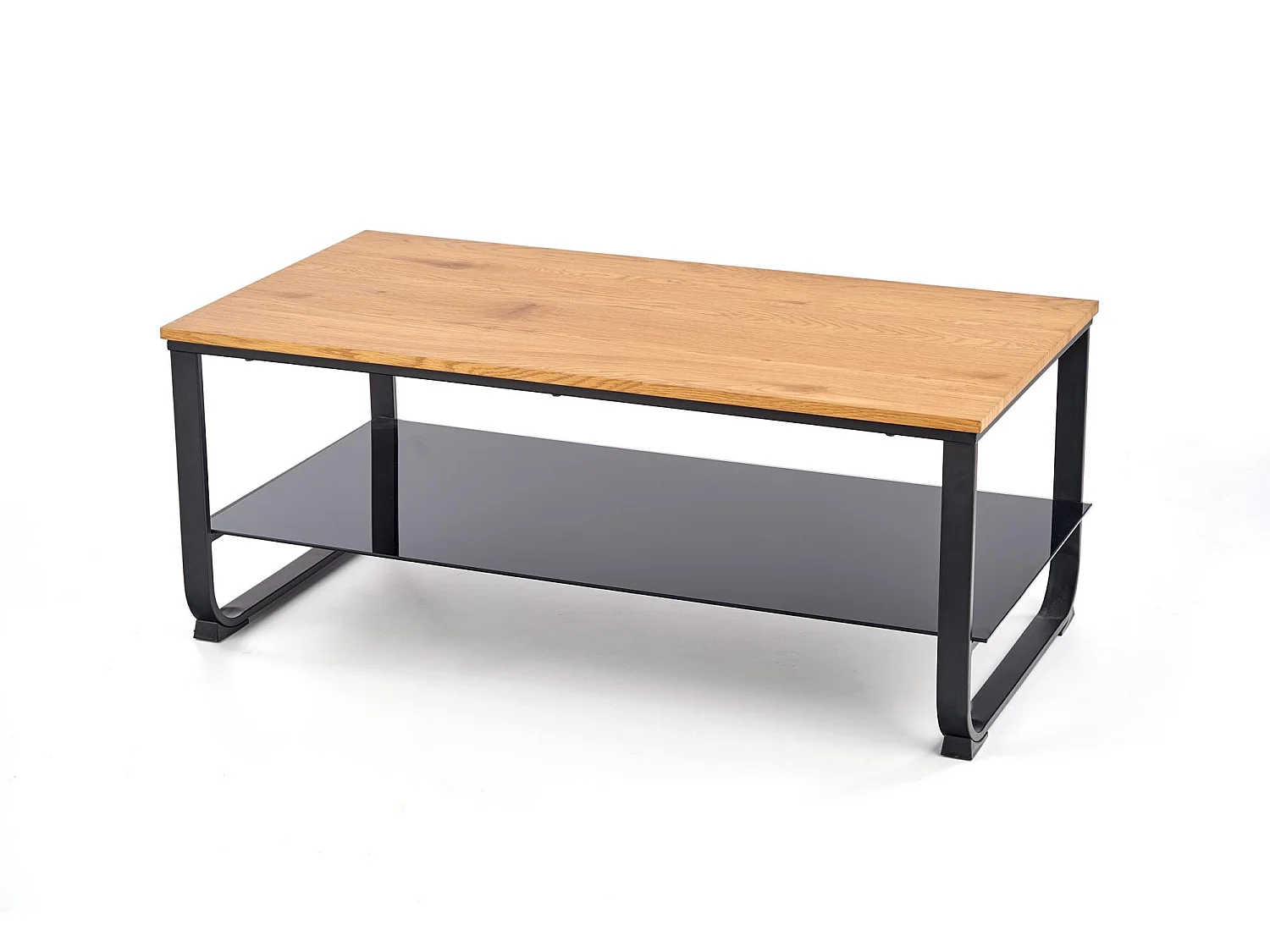 Tavolino con ripiano e struttura in acciaio nero e piano in rovere dorato Expanse