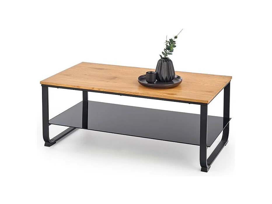 Table basse avec étagère et structure en acier noir et plateau aspect chêne doré Expanse