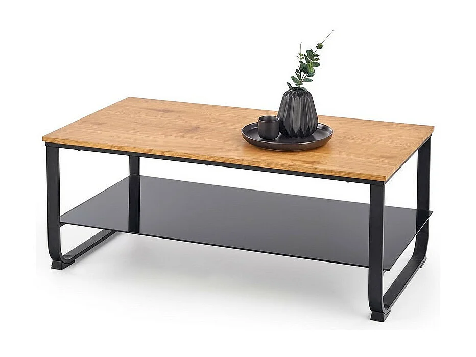 Table basse avec étagère et structure en acier noir et plateau aspect chêne doré Expanse