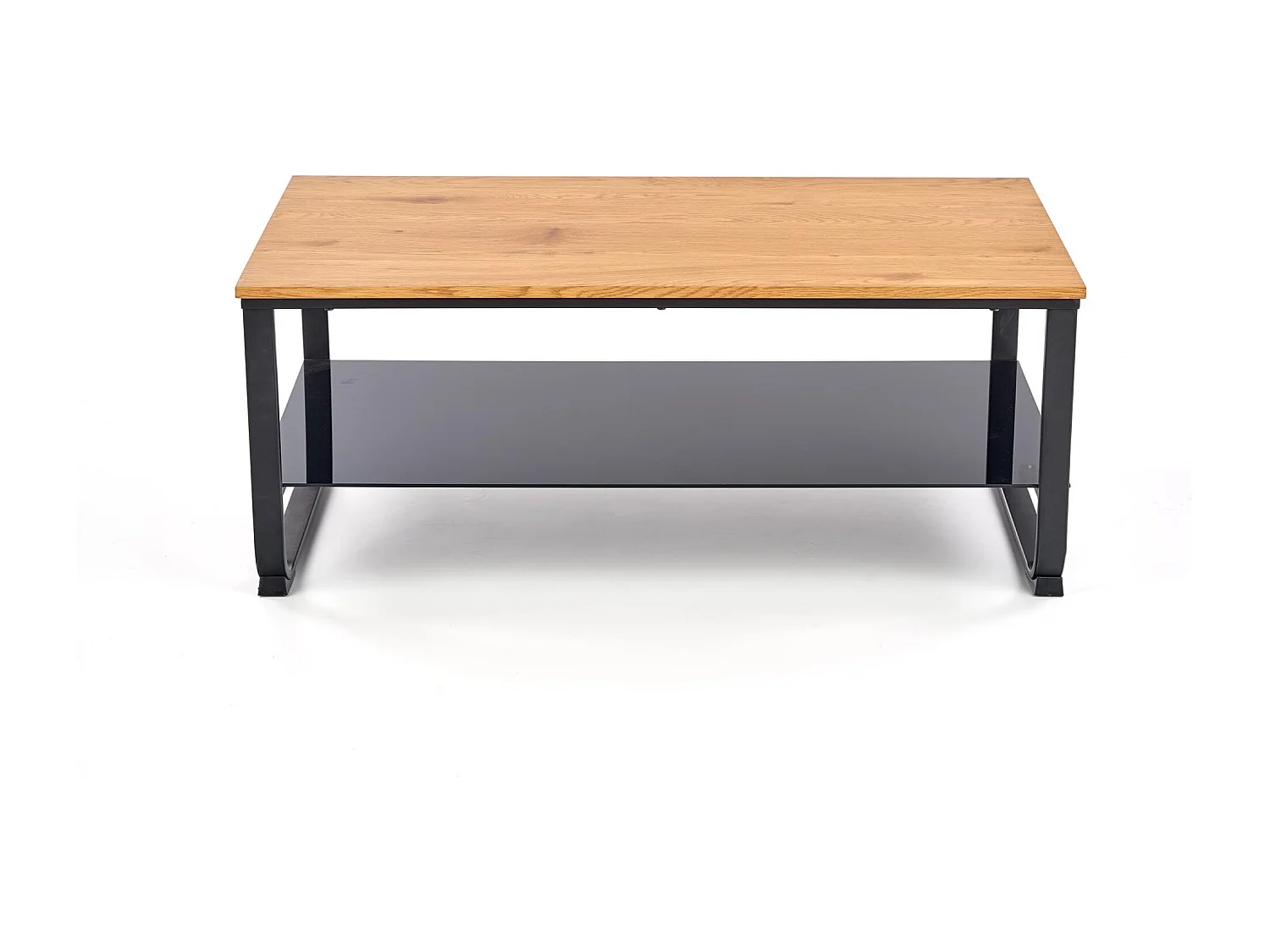 Table basse avec étagère et structure en acier noir et plateau aspect chêne doré Expanse