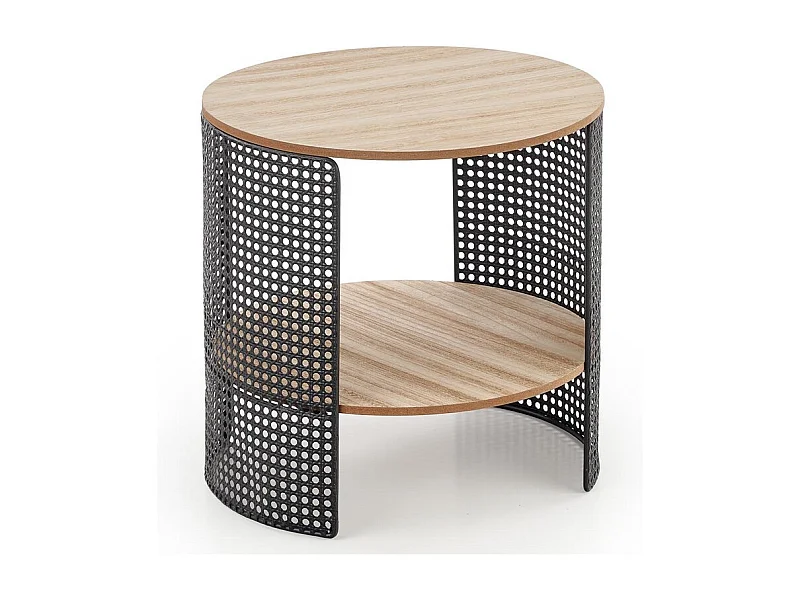 Table basse ronde avec structure ajourée et métal noir et plateau aspect bois LEANA