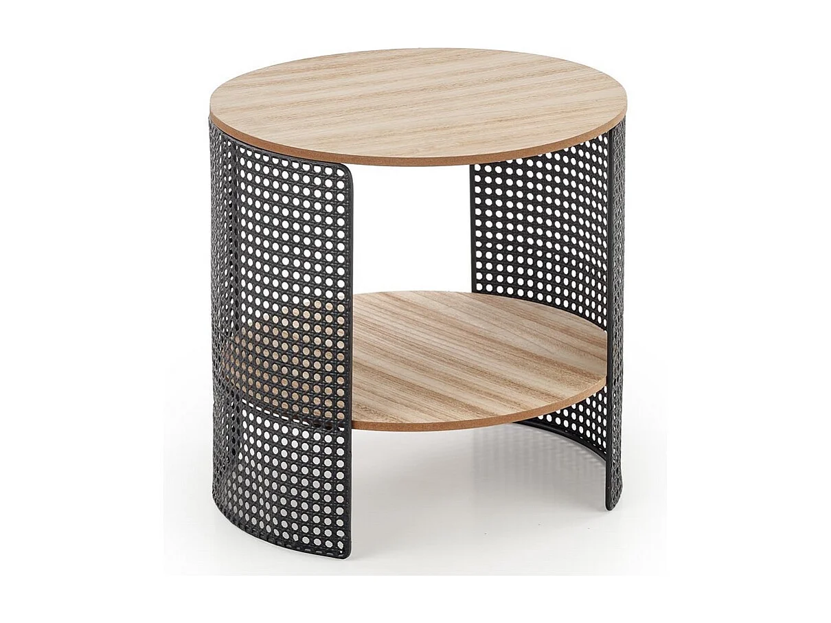 Mesa de centro redonda con estructura de metal negro calado y tablero de aspecto madera LEANA