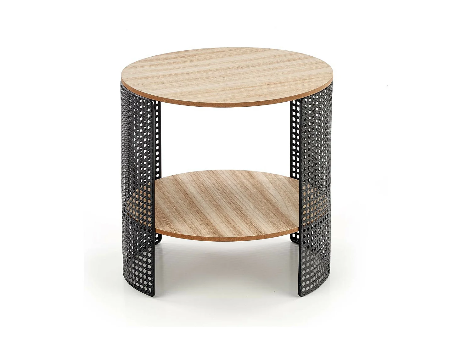 Mesa de centro redonda con estructura de metal negro calado y tablero de aspecto madera LEANA