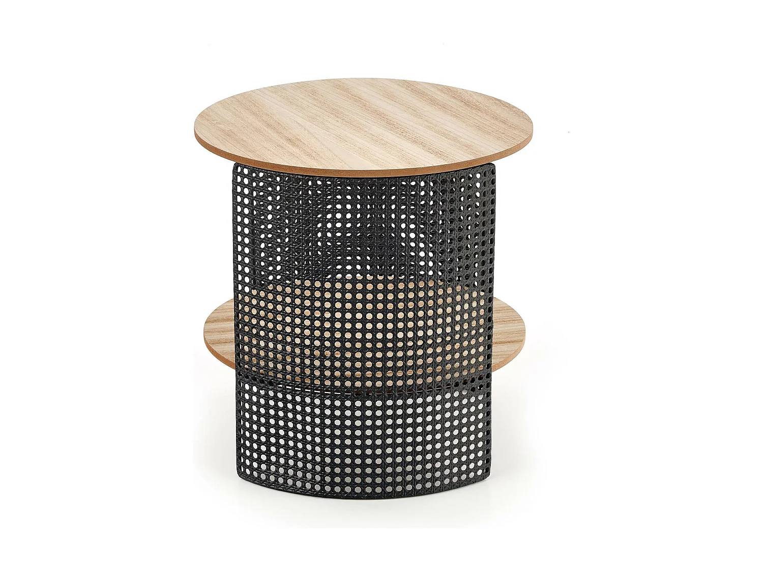 Mesa de centro redonda con estructura de metal negro calado y tablero de aspecto madera LEANA