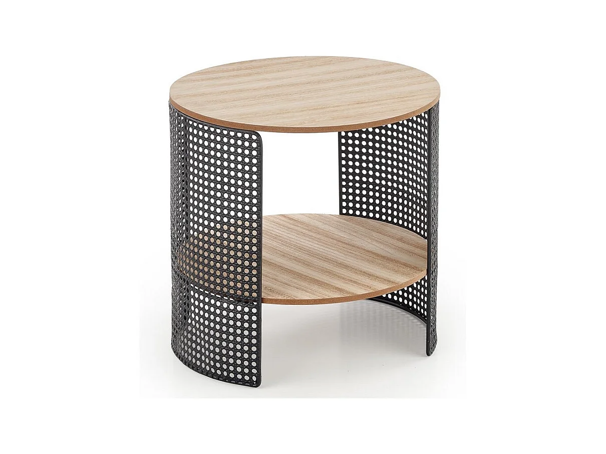 Table basse ronde avec structure ajourée et métal noir et plateau aspect bois LEANA
