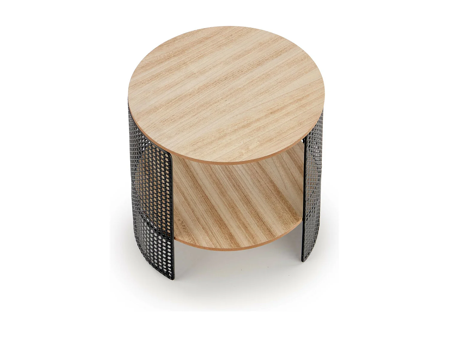 Table basse ronde avec structure ajourée et métal noir et plateau aspect bois LEANA