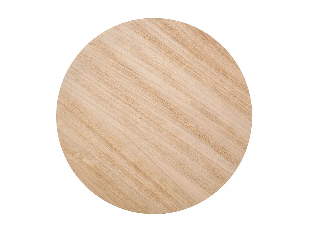 Table basse ronde avec structure ajourée et métal noir et plateau aspect bois LEANA