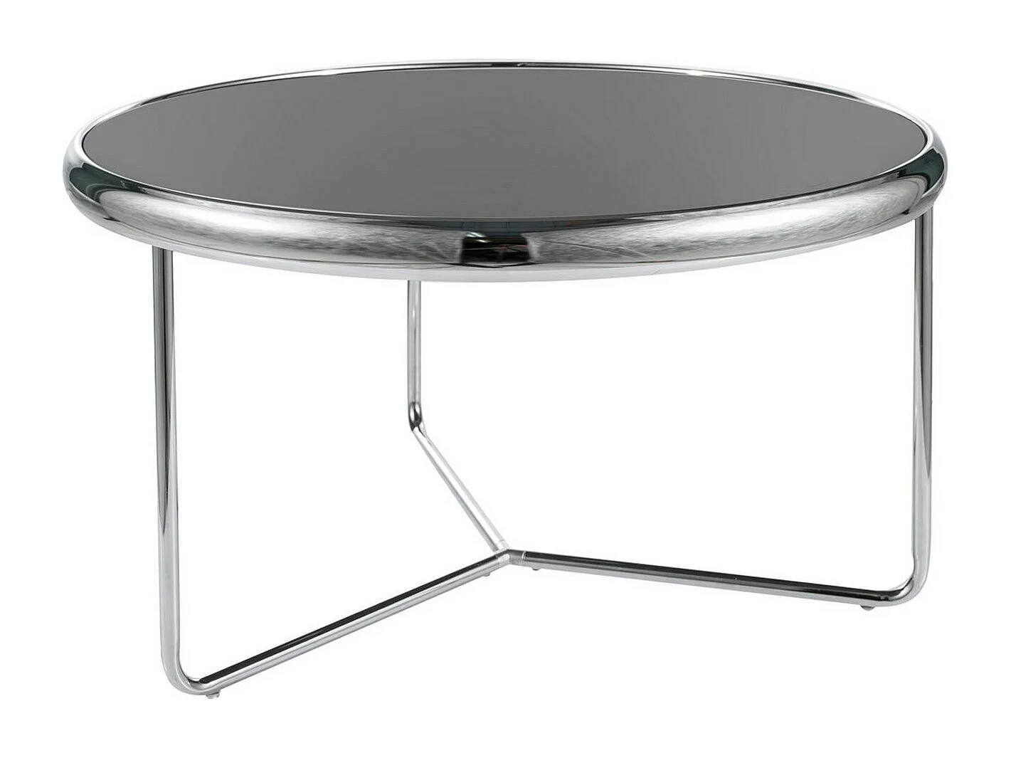 Table basse ronde en verre noir et pieds chromés Monika