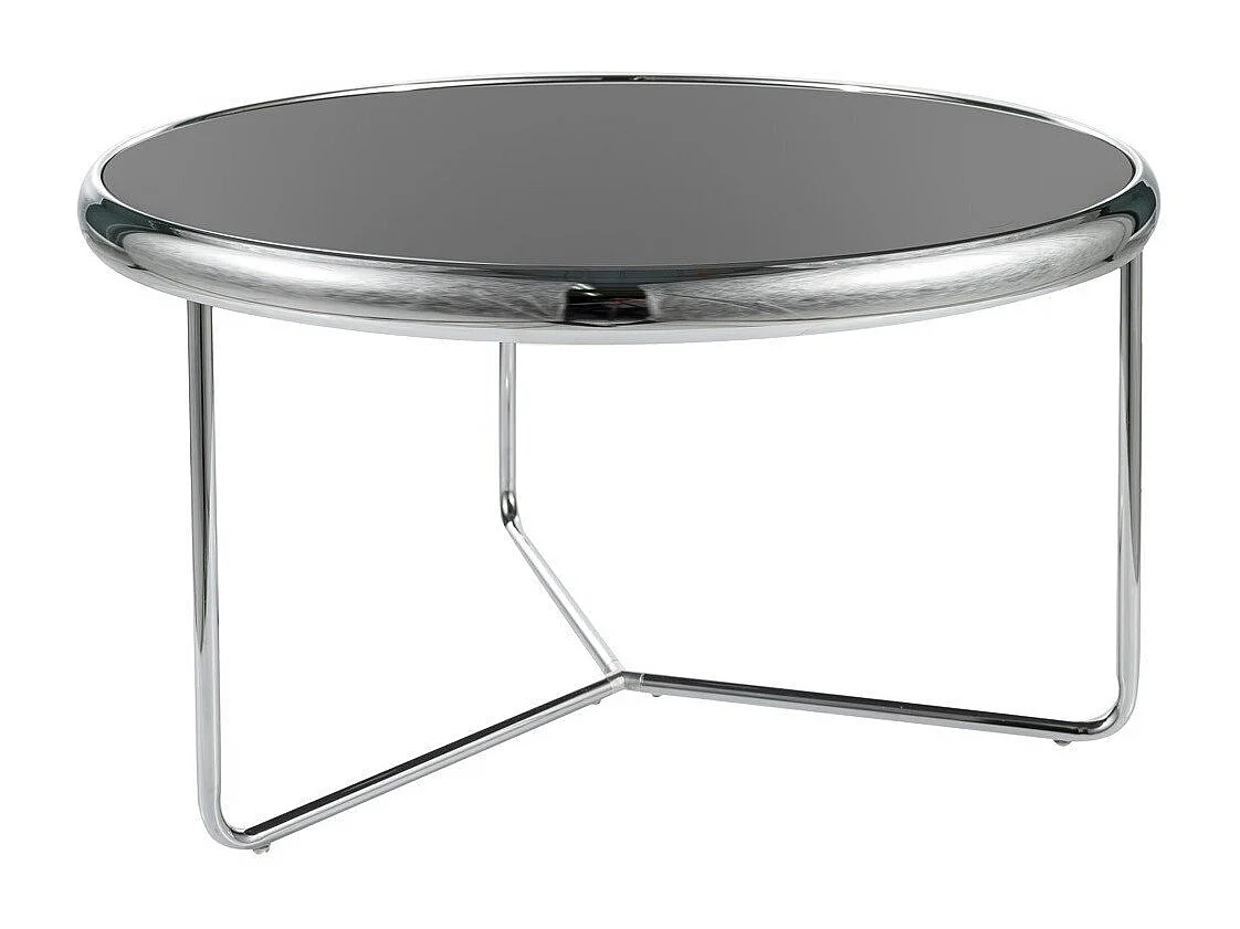 Table basse ronde en verre noir et pieds chromés Monika