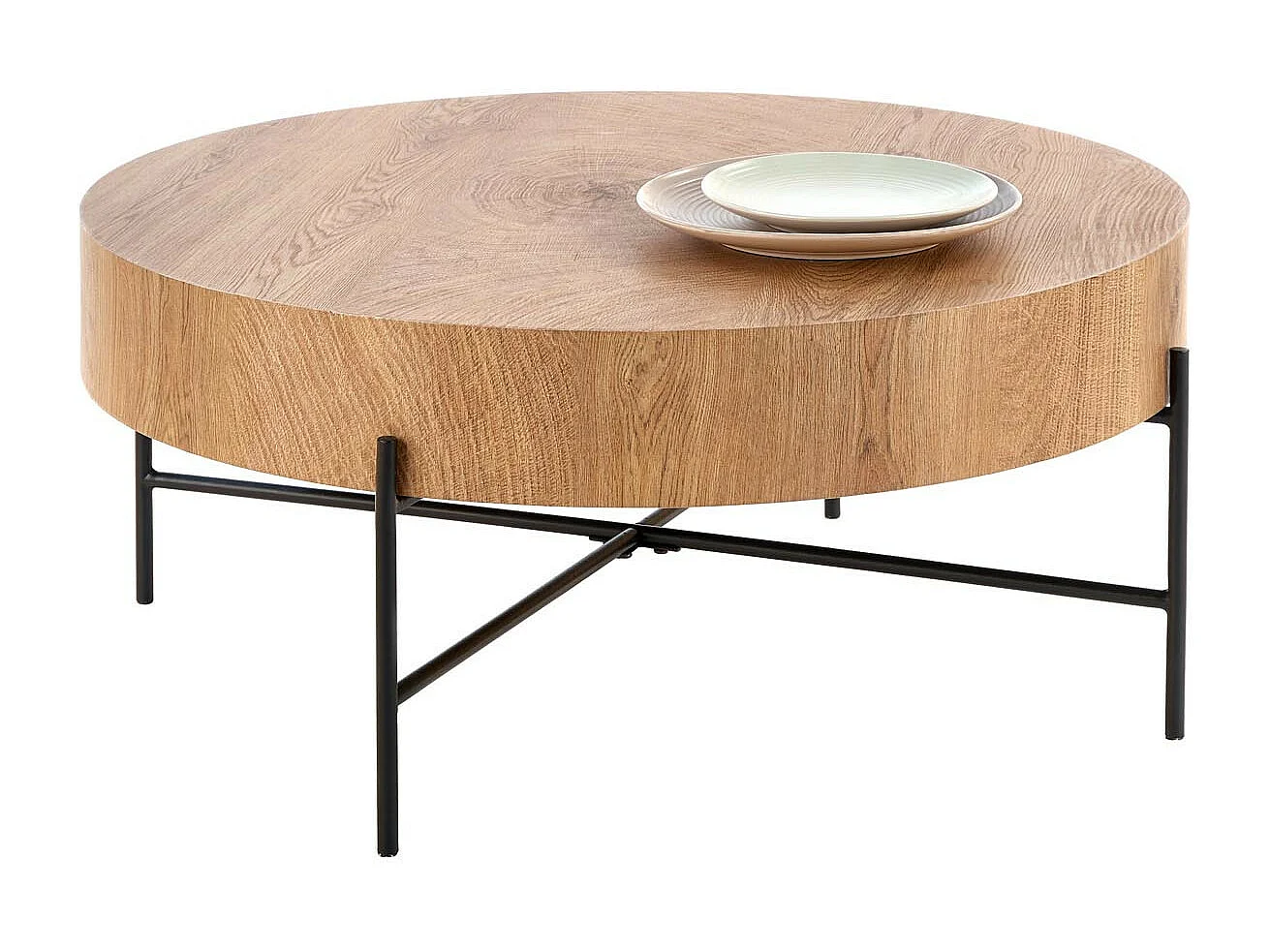Table basse ronde 80 cm de diamètre aspect chêne naturel avec structure noire en métal TINIA L