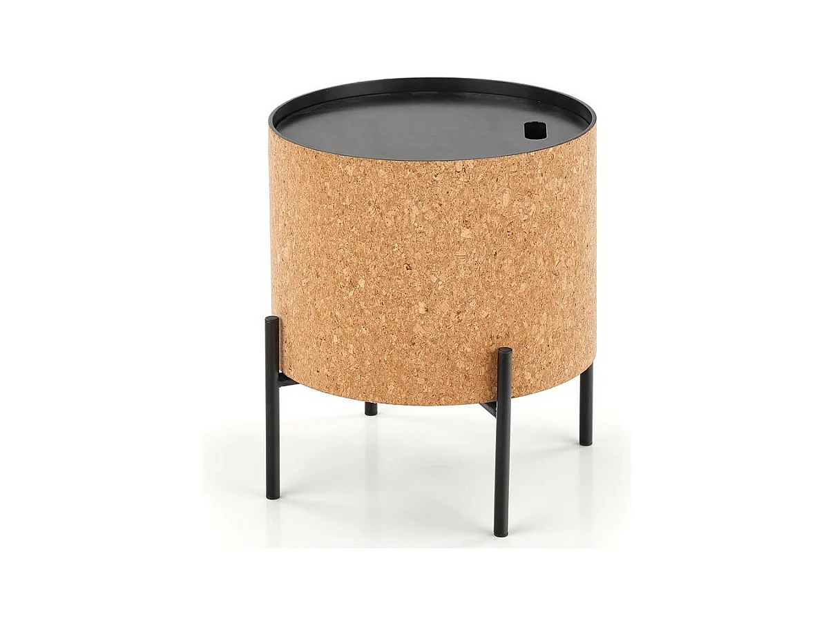 Table basse ronde en liège avec coffre de rangement et pieds en métal noir ALANA
