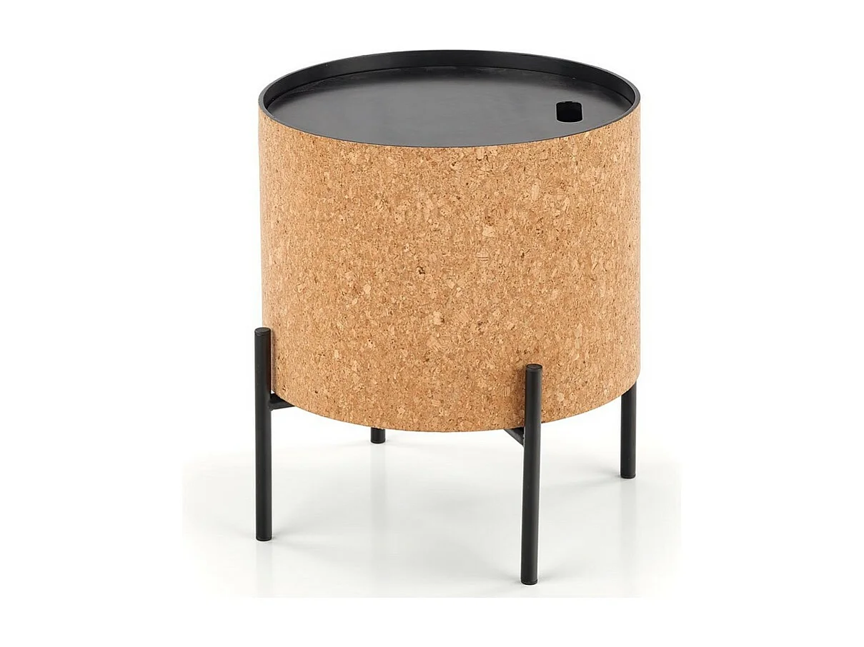 Table basse ronde en liège avec coffre de rangement et pieds en métal noir ALANA