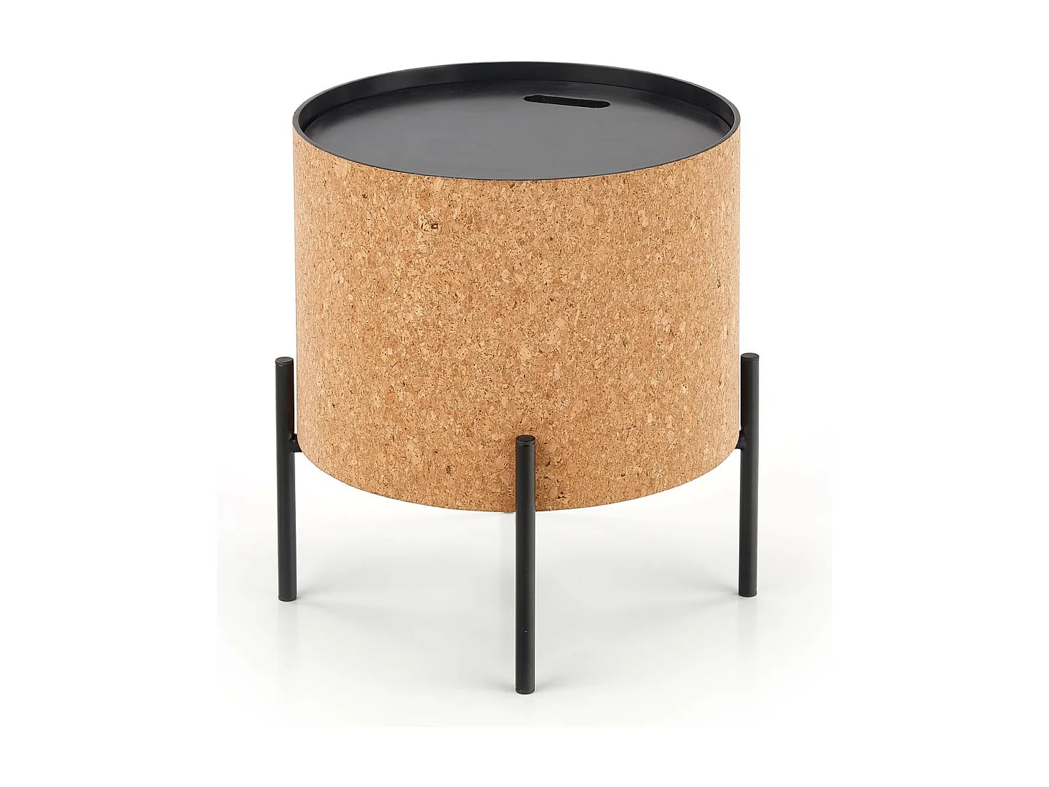 Table basse ronde en liège avec coffre de rangement et pieds en métal noir ALANA