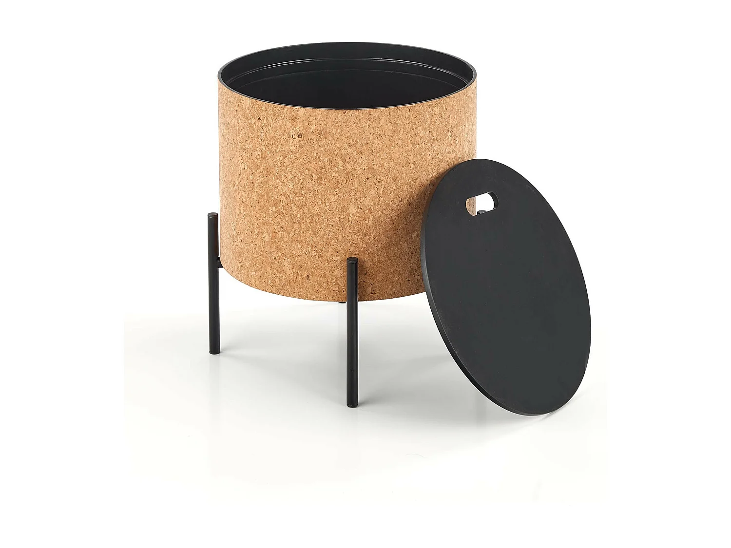 Table basse ronde en liège avec coffre de rangement et pieds en métal noir ALANA