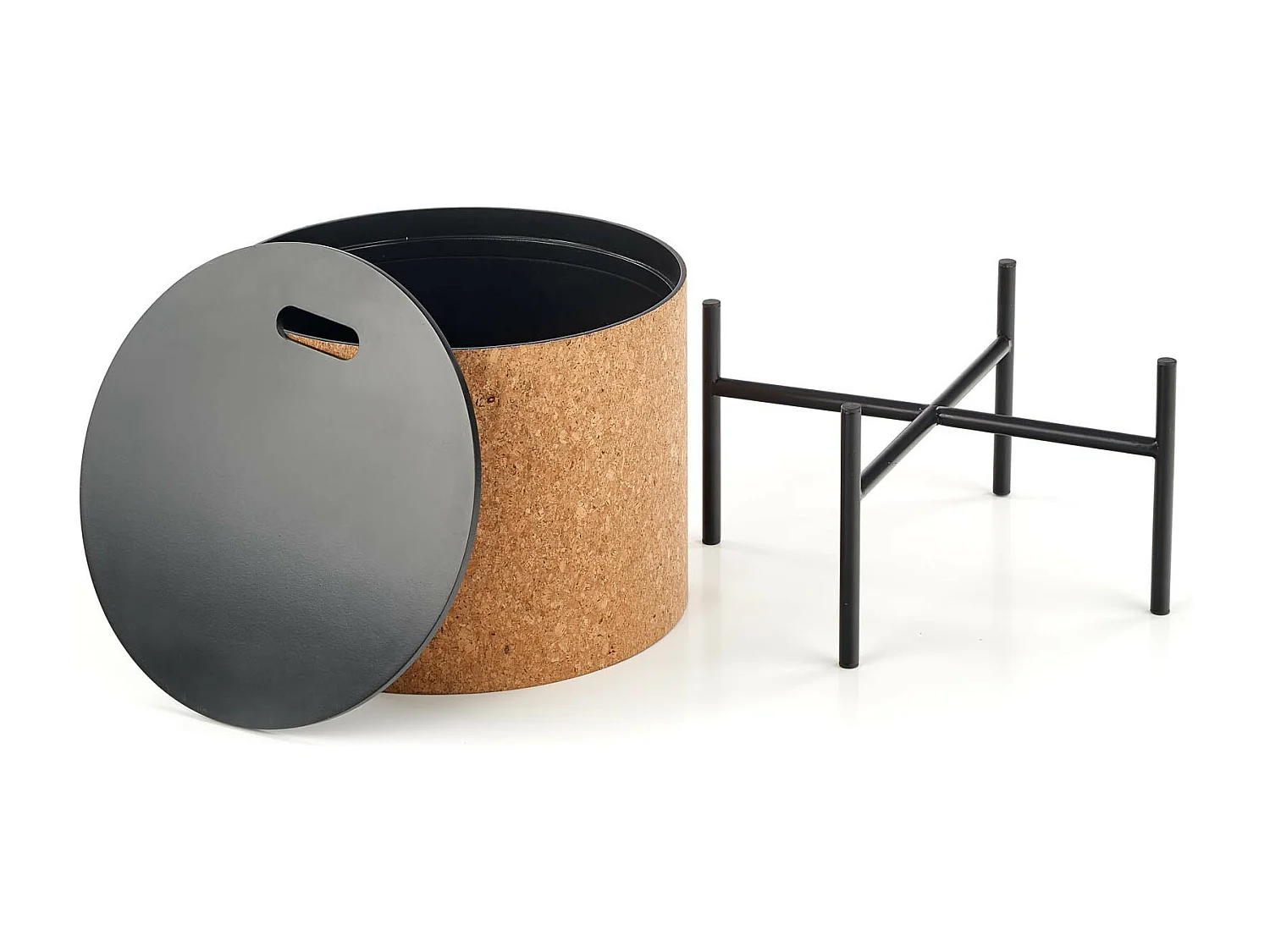 Table basse ronde en liège avec coffre de rangement et pieds en métal noir ALANA