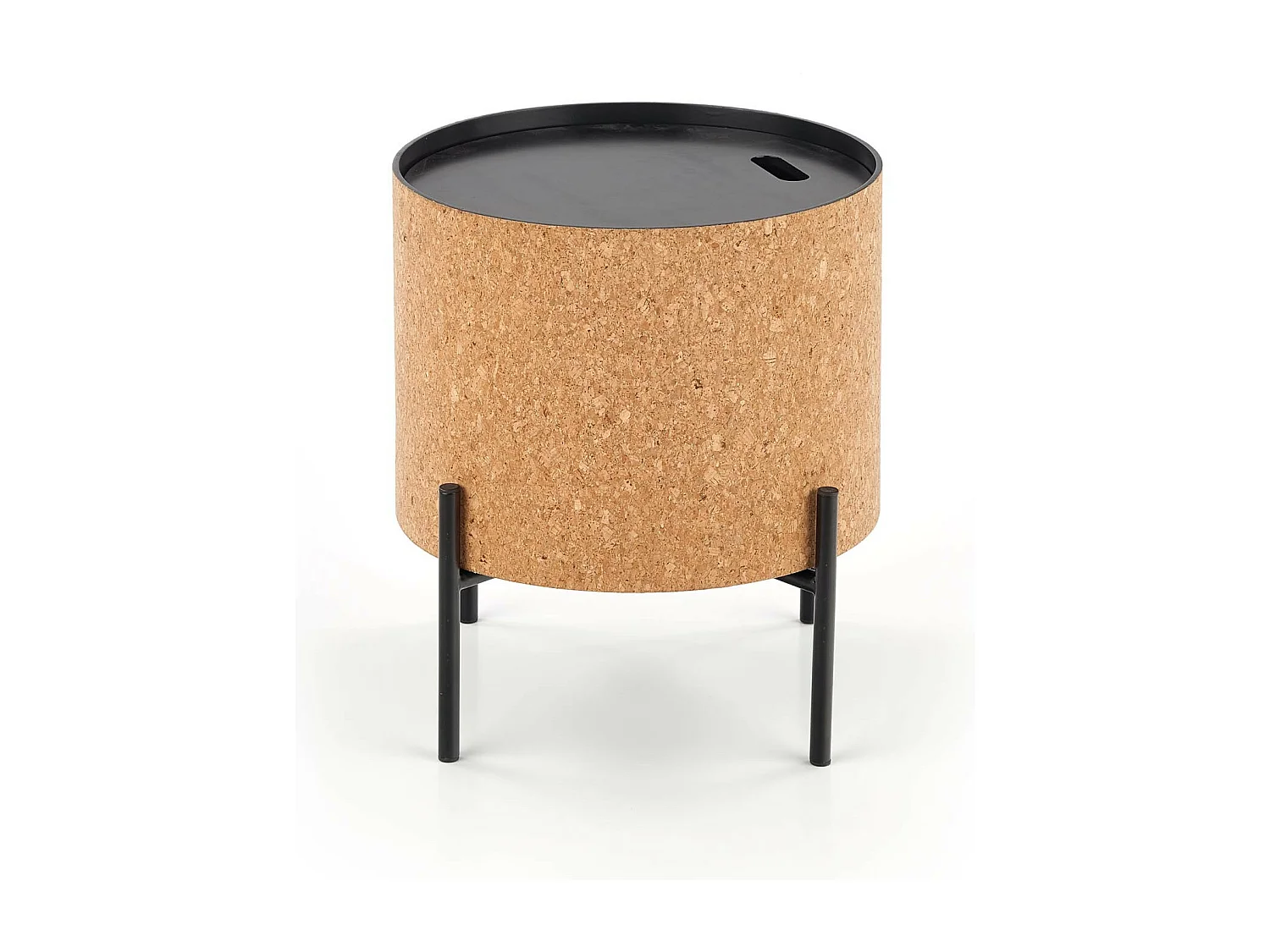 Table basse ronde en liège avec coffre de rangement et pieds en métal noir ALANA