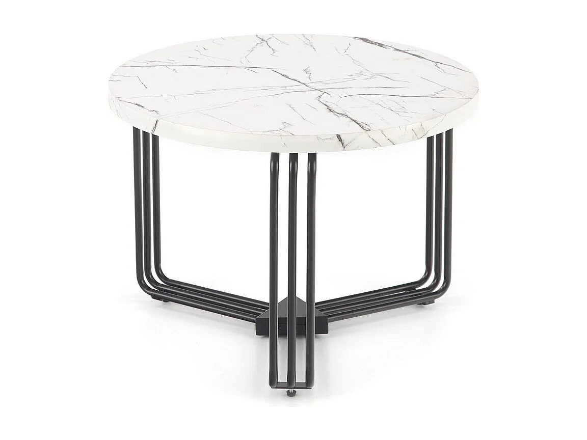 Mesa de centro redonda con tapa de mármol blanco y estructura de metal negro ARUM-M