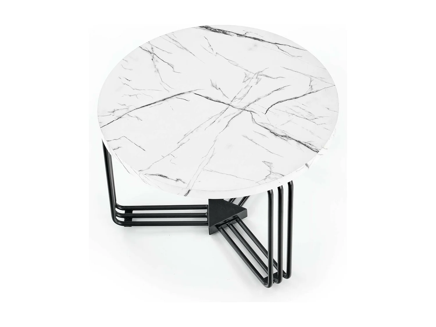 Mesa de centro redonda con tapa de mármol blanco y estructura de metal negro ARUM-M