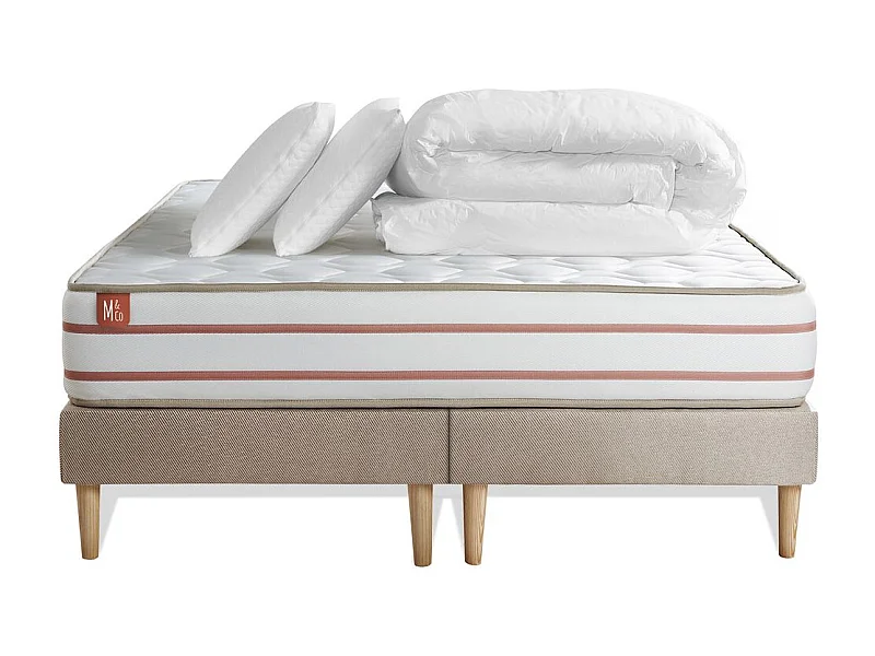 Pack prêt à dormir matelas LE DOUX 160x200cm Mémoire de forme - Ep. 24cm + double sommiers Beige + 2 oreillers +couette