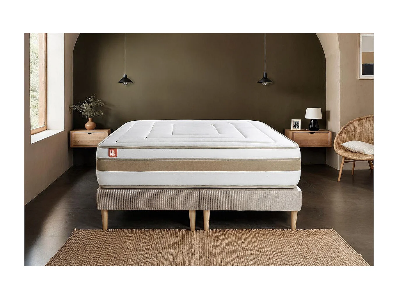 Pack prêt à dormir matelas LE RAFFINÉ 180x200cm Ressorts ensachés + Mémoire de forme BioVisco + double sommiers Beige
