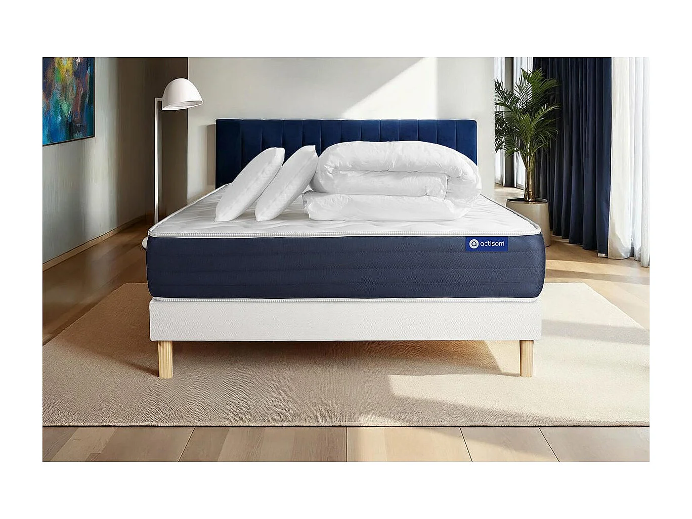 Pack prêt à dormir matelas Latex et Mémoire de forme ACTILATEX SLEEP 140x190 cm + sommier KIT blanc + 2 oreillers + couette