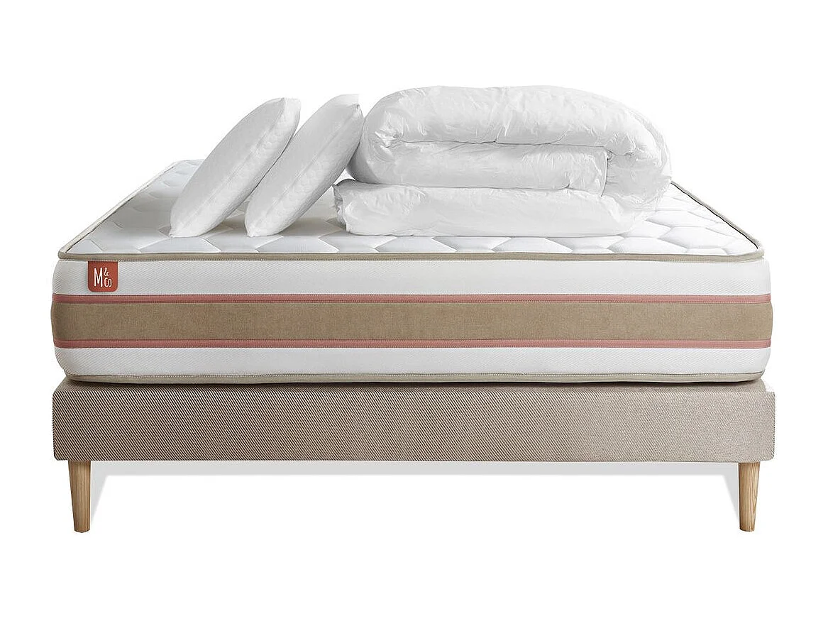 Pack prêt à dormir matelas LE DÉLICAT 140x190 Ressorts ensachés et Mémoire de forme + sommier Beige
