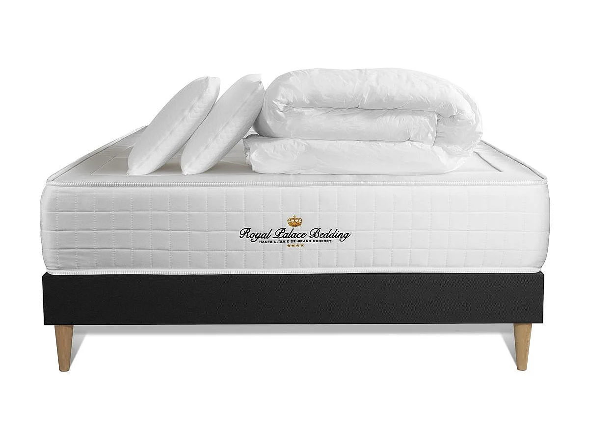 Pack matelas ressorts ensachés + mémoire de forme maxi épaisseur Windsor 180x200cm + sommier KIT noir + 2 oreillers + 1 couette