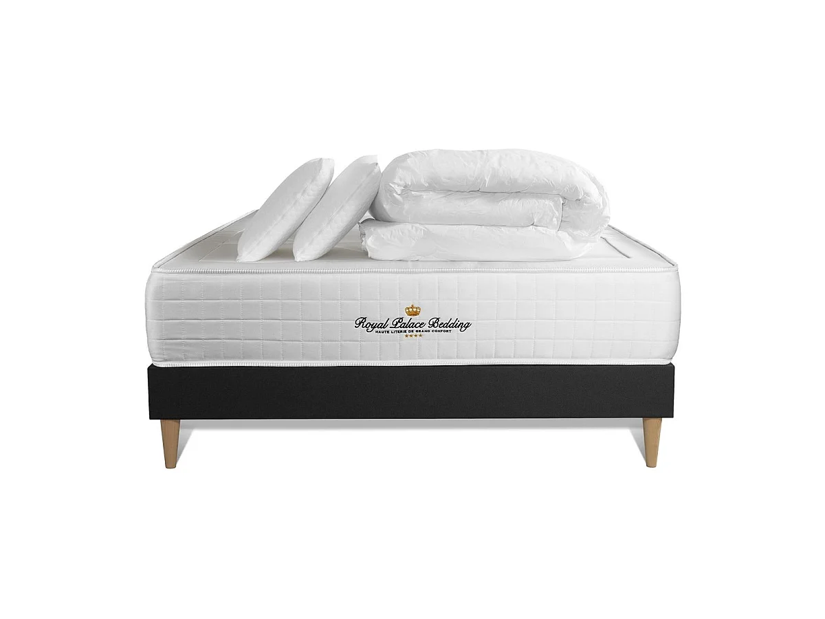 Pack matelas ressorts ensachés + mémoire de forme maxi épaisseur Windsor 180x200cm + sommier KIT noir + 2 oreillers + 1 couette