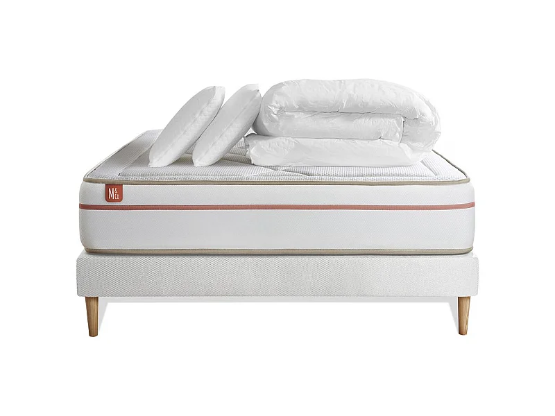 Pack prêt à dormir matelas LE PAISIBLE 140x200cm Mémoire de forme BioVisco + sommier Blanc + 2 oreillers + couette 240x220cm