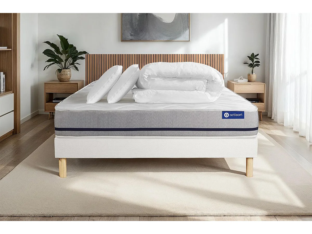 Pack prêt à dormir matelas 200x200 ACTIMEMO SOFT 3zones de confort + sommier KIT blanc + 2 oreillers + couette