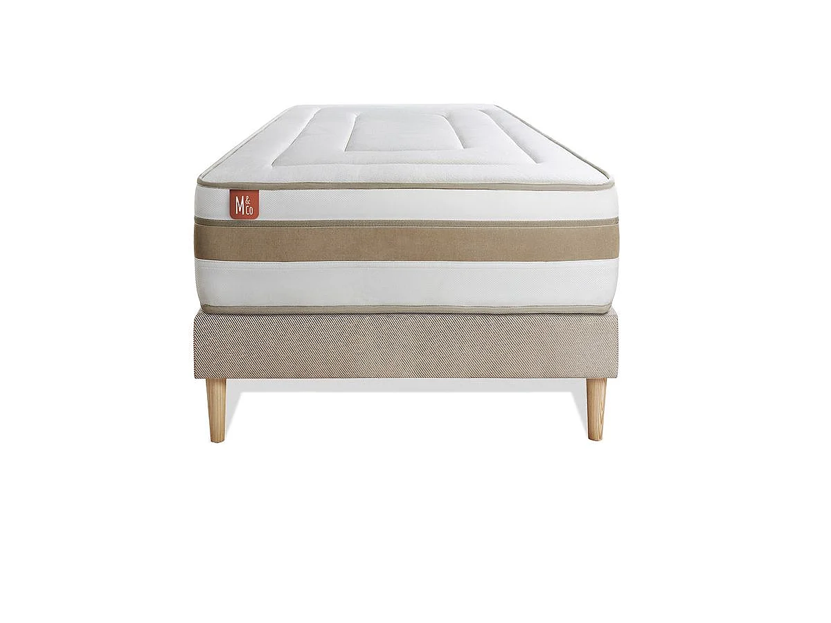 Ensemble LE RAFFINÉ 90x190cm Ressorts ensachés + Mémoire de forme BioVisco - Maxi épaisseur 26cm + sommier kit Beige