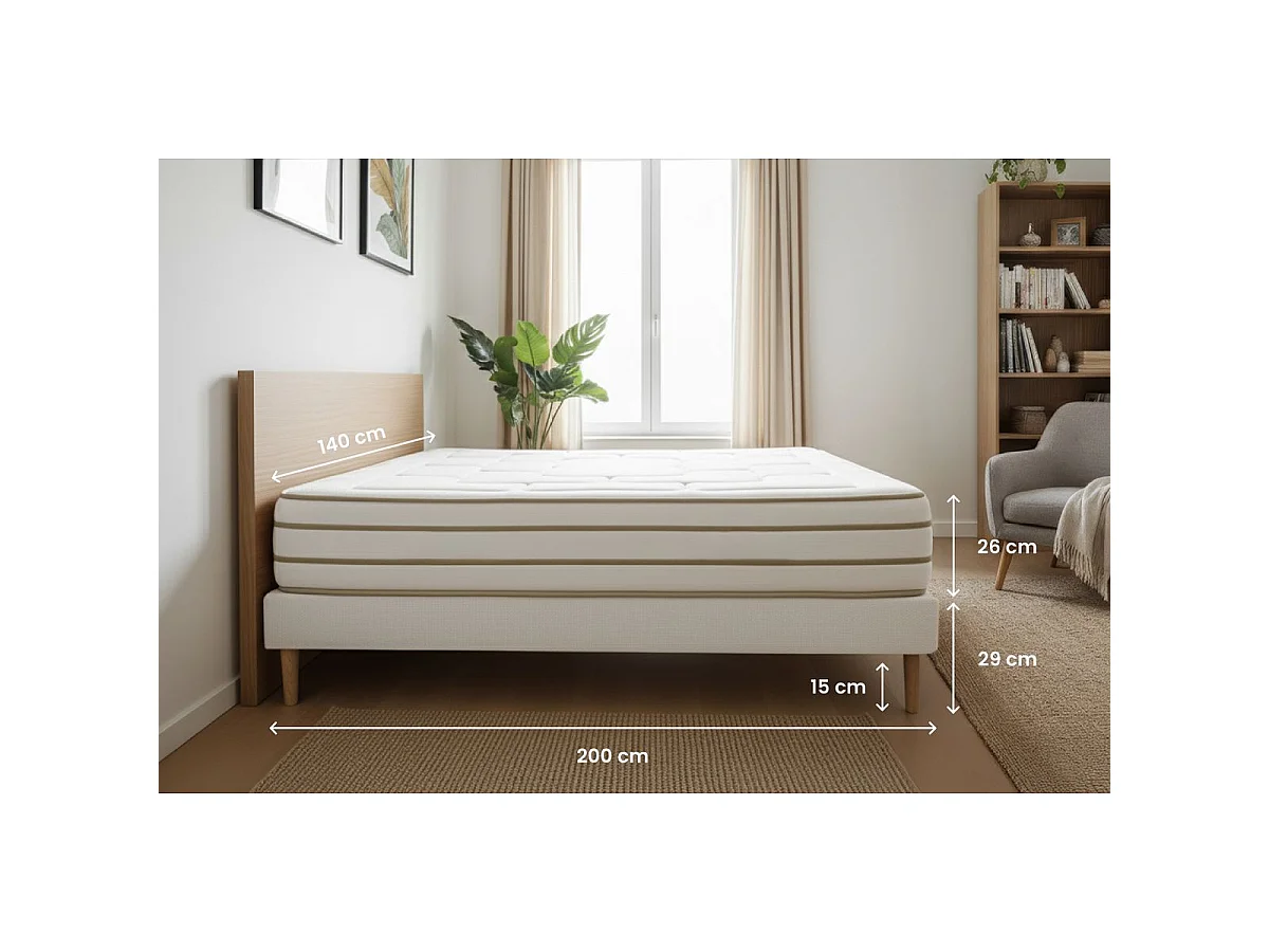 Ensemble LE DOUILLET 140x200cm Mémoire de forme BioVisco - Maxi épaisseur 26cm + sommier Beige