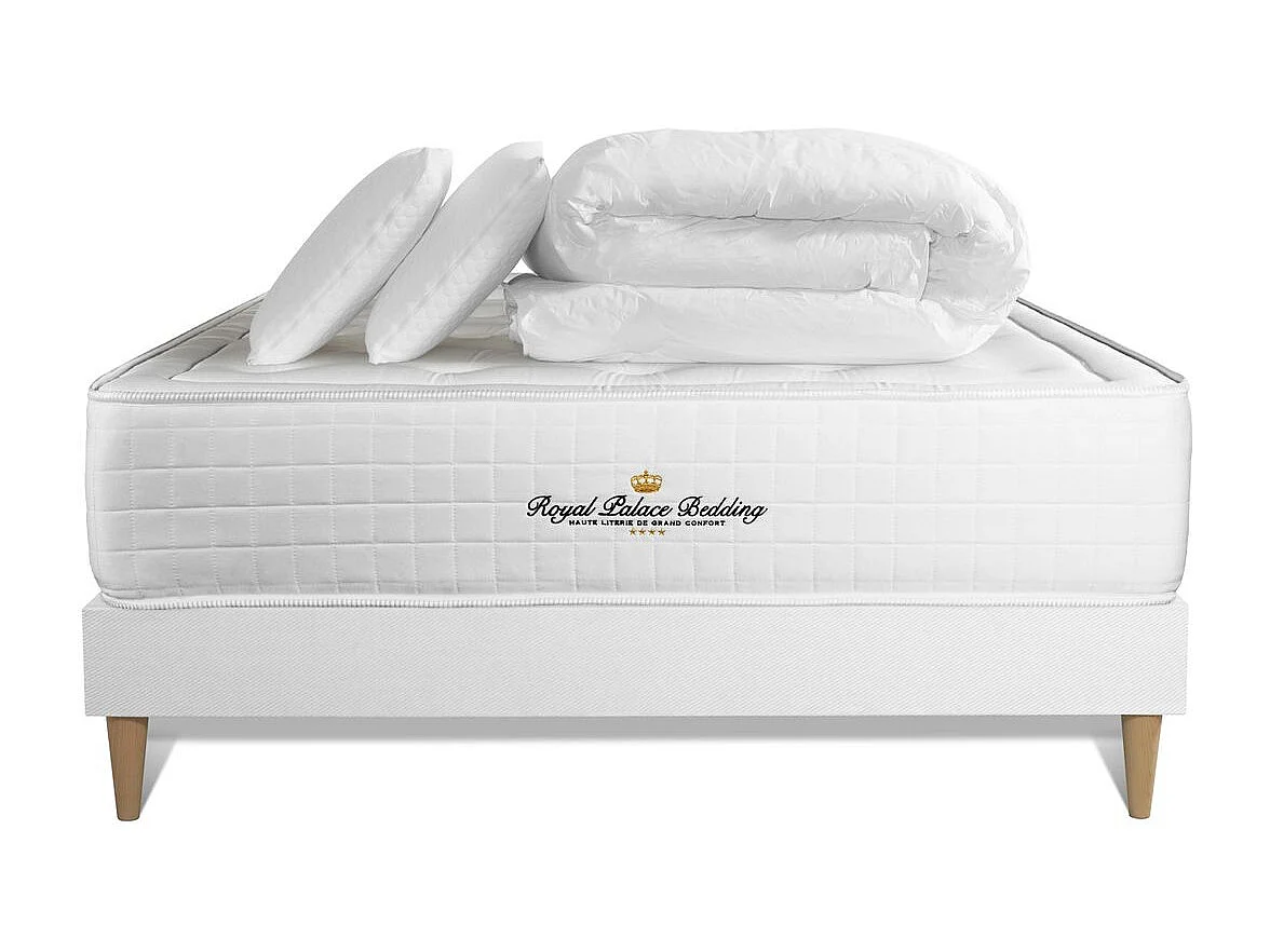 Pack matelas à mémoire de forme maxi épaisseur Buckingham 140x200cm sommier KIT blanc + 2 oreillers + 1 couette 240x220cm