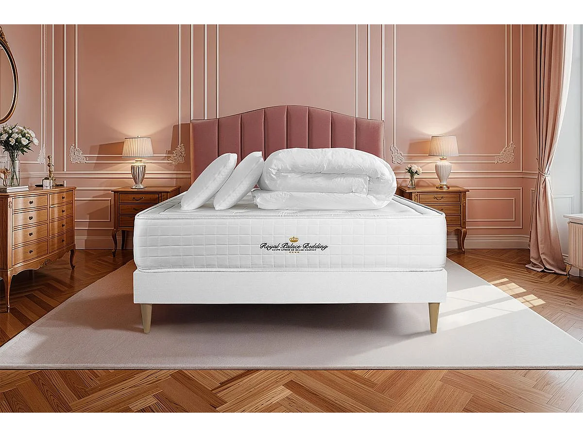 Kompletny zestaw lózka - materac 140x200 cm + Sprezyna skrzyniowa z listwami (w zestawie) + 2 poduszki Koldra - Buckingham