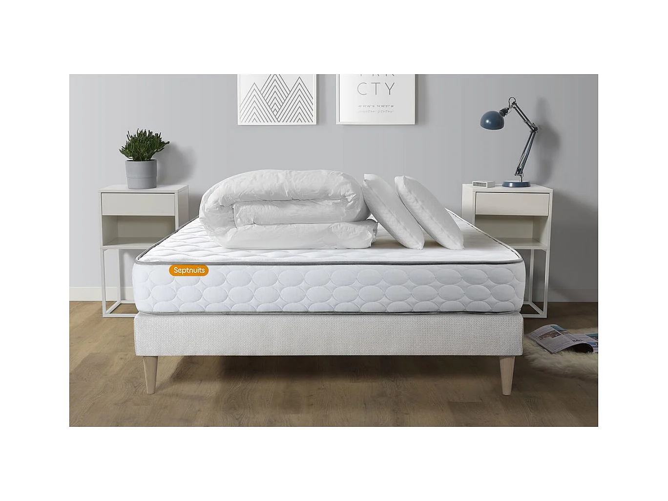 Pack matelas Memo + sommier kit blanc 180x200 + 2 oreillers mémoire de forme