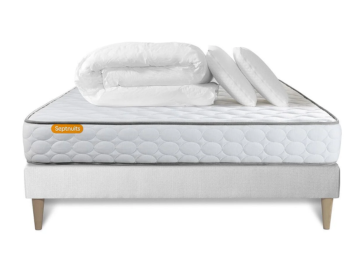 Pack matelas Memo + sommier kit blanc 180x200 + 2 oreillers mémoire de forme