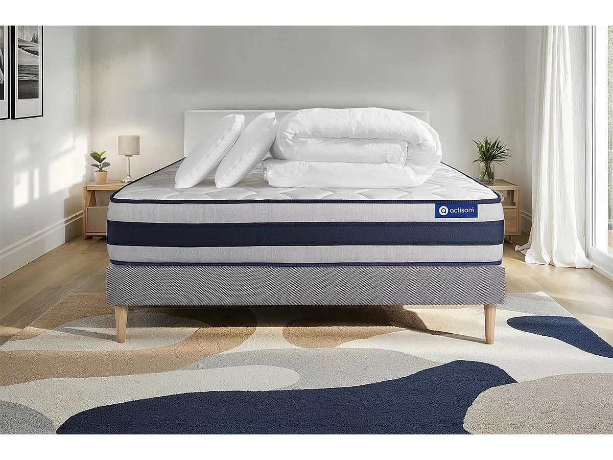 Komplettpaket Bett - Matratze 160x200 cm + Boxspringbett mit Lattenrost (im Set) + 2 Kopfkissen + Bettdecke - Actilatex Ergo