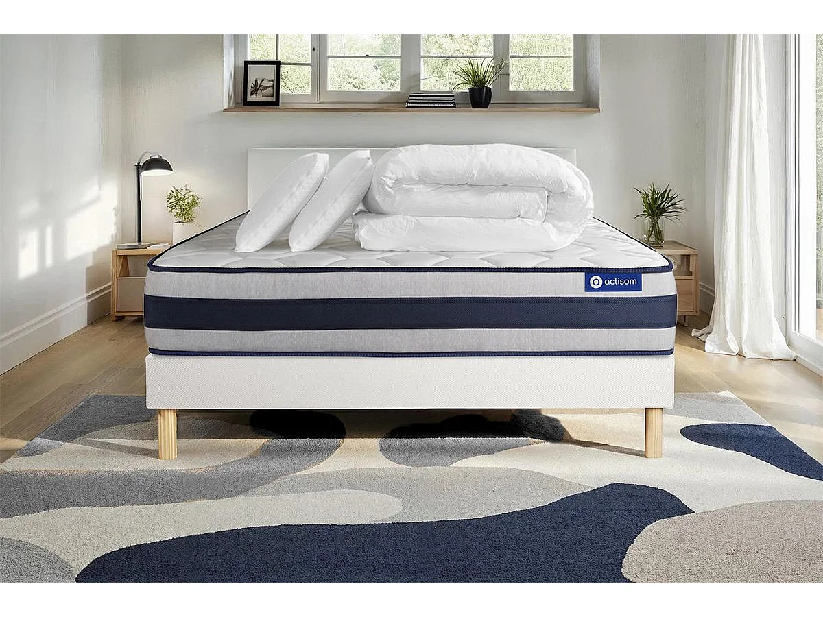 Pacchetto letto completo - Materasso 160x200cm + Box spring con doghe (in kit) + 2 cuscini + Piumino - Actimemo Ergo