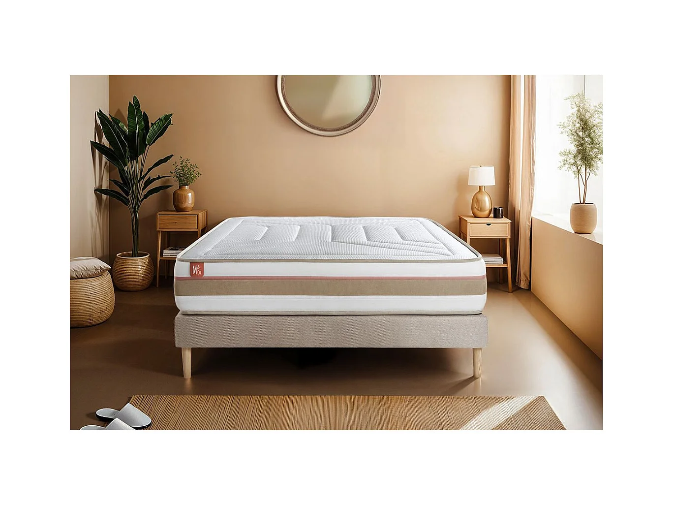 Ensemble LE TENDRE 140x190cm Ressorts ensachés + Mémoire de forme 7 zones de confort - Ep. 28cm + sommier Beige