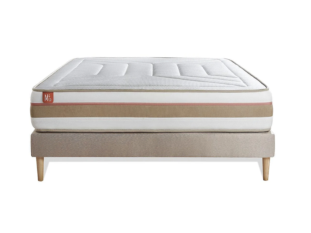 Ensemble LE TENDRE 140x190cm Ressorts ensachés + Mémoire de forme 7 zones de confort - Ep. 28cm + sommier Beige