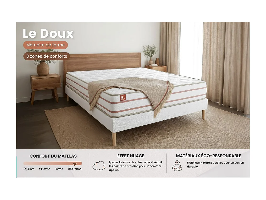 Ensemble LE DOUX 180x200cm Mémoire de forme 3 zones de confort - Ep. 24cm + double sommiers Blanc