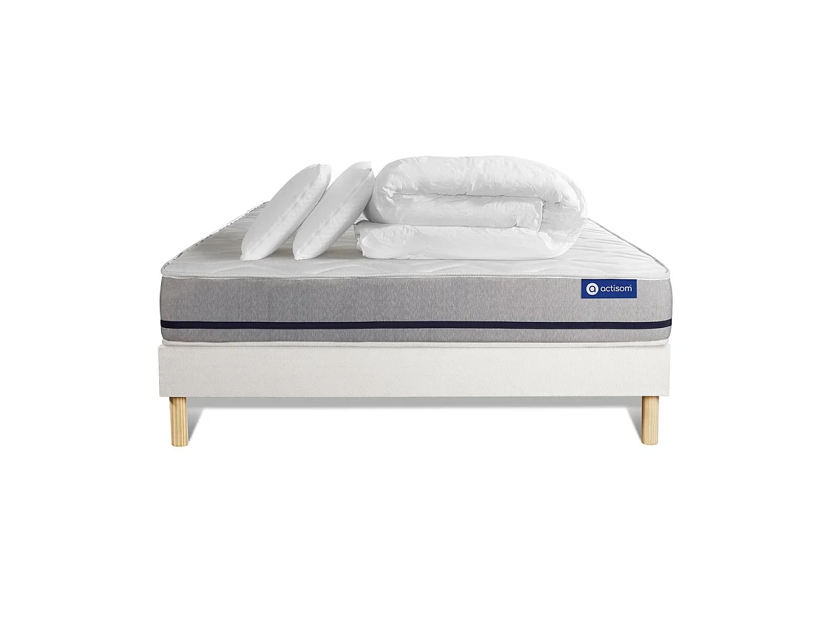 Komplettpaket Bett - Matratze 200x200 cm + Boxspringbett mit Lattenrost (im Set) + 2 Kopfkissen + Bettdecke - Actiflex Soft