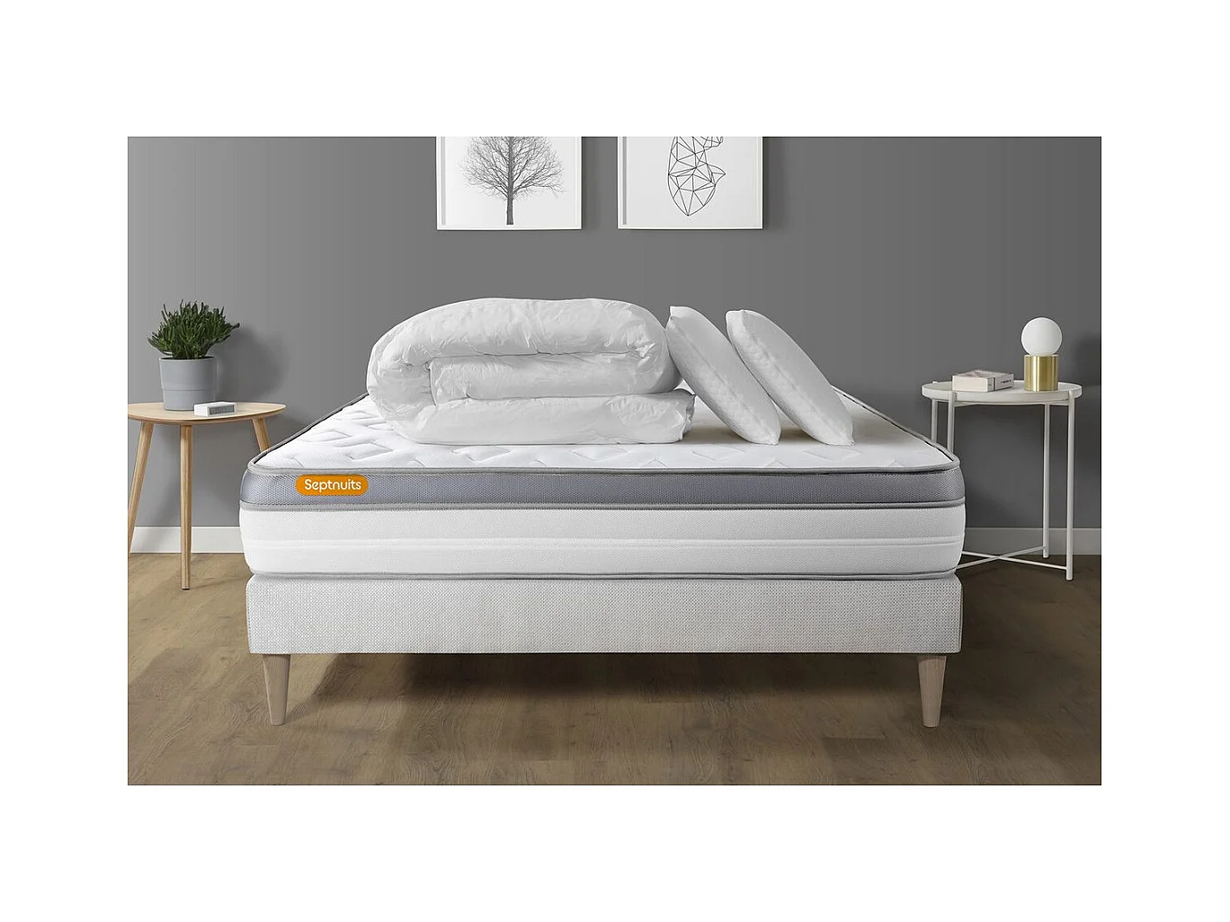 Pack matelas + sommier kit blanc 140x200 Memo Zen Mousse à mémoire de forme MAXI épaisseur + Couette + 2 oreillers