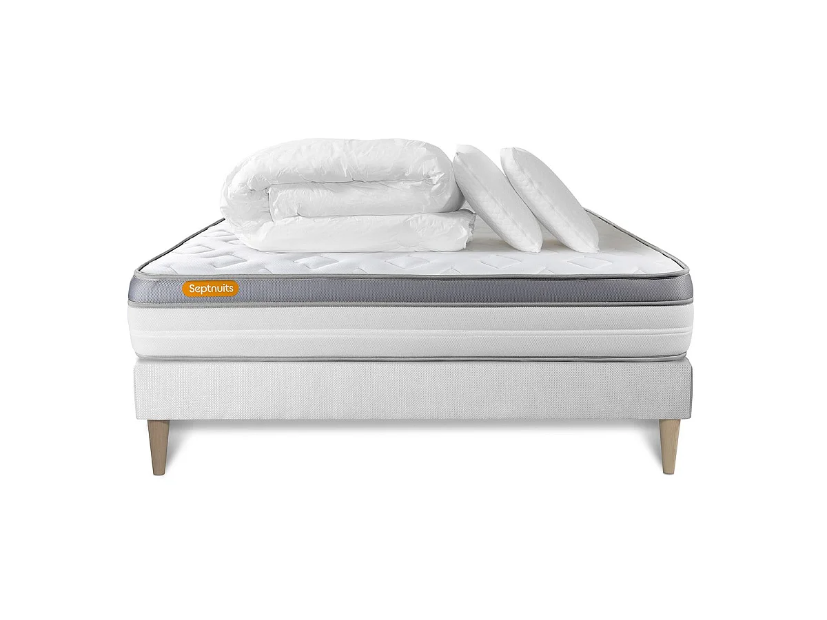 Pack matelas + sommier kit blanc 140x200 Memo Zen Mousse à mémoire de forme MAXI épaisseur + Couette + 2 oreillers