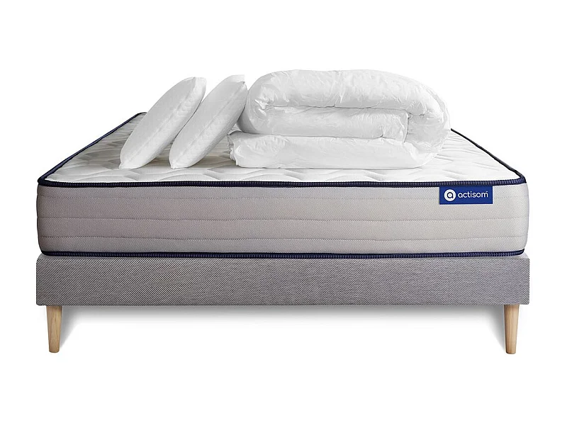 Pack prêt à dormir matelas Mémoire de forme ACTIMEMO FORM 140x200 cm 5zones confort + sommier KIT gris + 2 oreillers+couette