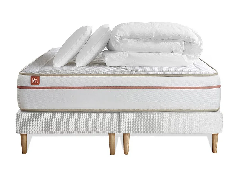Pack prêt à dormir matelas LE PAISIBLE 200x200cm Mémoire de forme BioVisco + double sommiers Blanc + 2 oreillers + couette