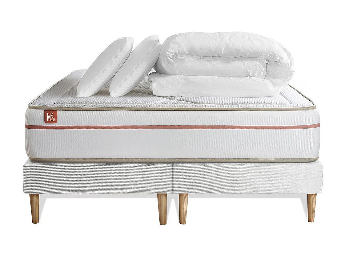 Pack prêt à dormir matelas LE PAISIBLE 200x200cm Mémoire de forme BioVisco + double sommiers Blanc + 2 oreillers + couette